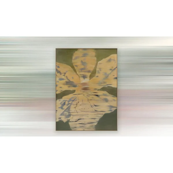 Yellow Iris on Olive Painting in Slim Frame, 90 x 120 cm — in a room setting
