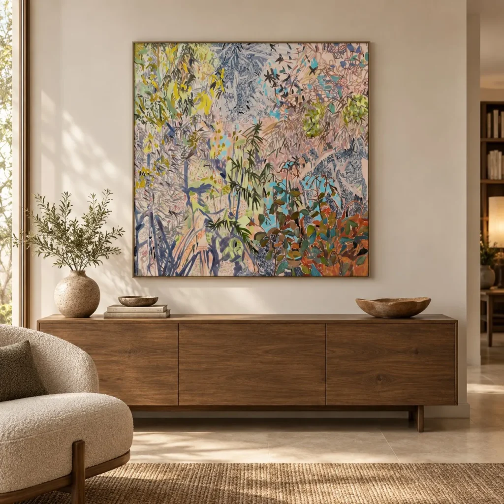 Wildflower Tangle Painting, 100 x 100 cm in rose stone — front view