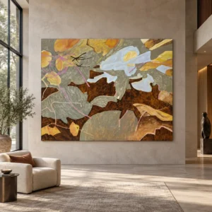 Wide Leaf Fragment Painting in Gold and Grey, 240 x 180 cm — front view