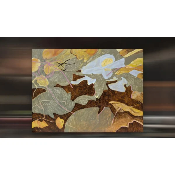 Wide Leaf Fragment Painting in Gold and Grey, 240 x 180 cm — in a room setting