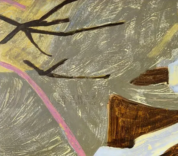 Wide Leaf Fragment Painting in Gold and Grey, 240 x 180 cm — detail