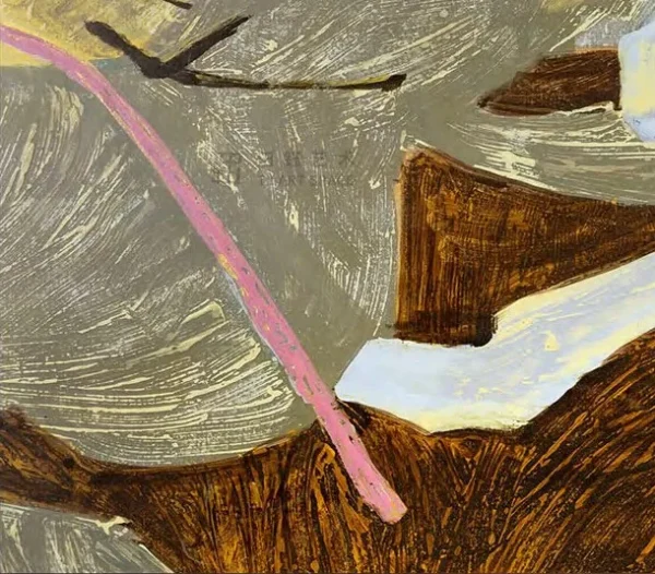 Wide Leaf Fragment Painting in Gold and Grey, 240 x 180 cm — detail