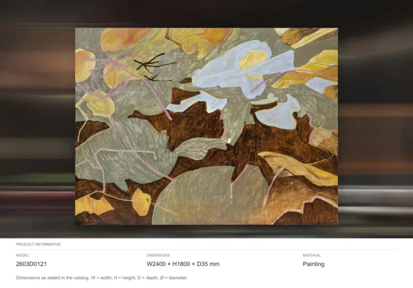 Wide Leaf Fragment Painting in Gold and Grey, 240 x 180 cm — dimensions