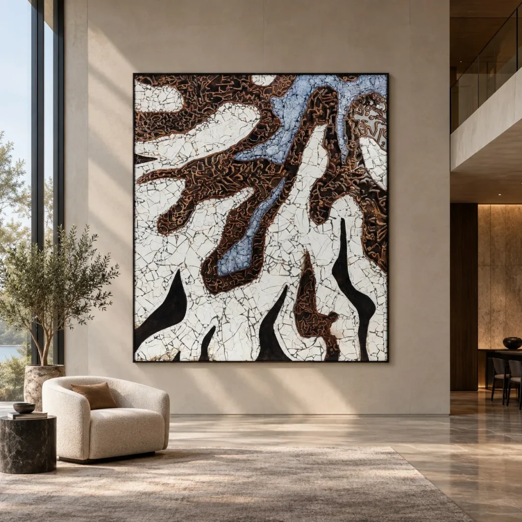 Brown Crackle River Relief on White, 160 x 180 cm in clay — front view