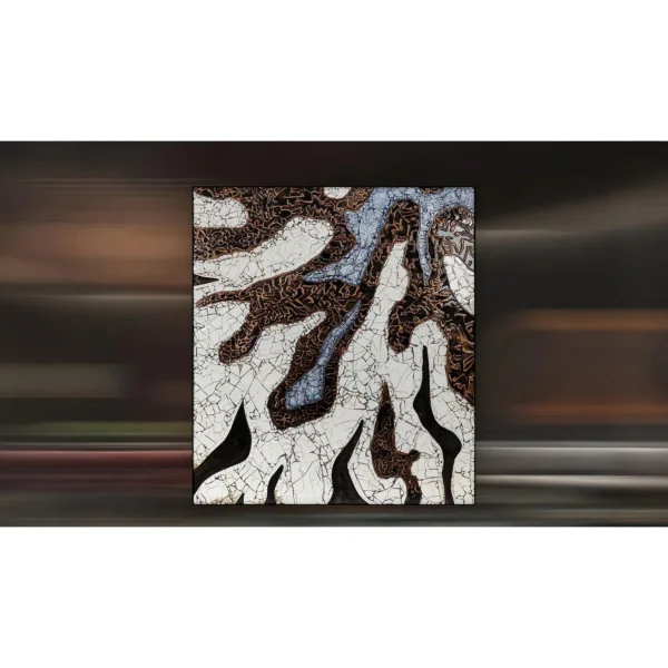 Brown Crackle River Relief on White, 160 x 180 cm in clay — in a room setting