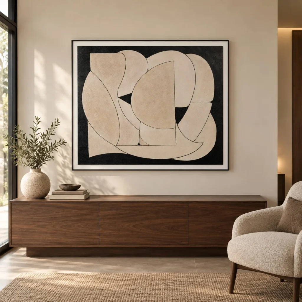 Tan Cut-Out Shapes on Cream in Black Frame, 100 x 85 cm — front view