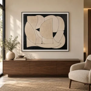 Tan Cut-Out Shapes on Cream in Black Frame, 100 x 85 cm — front view