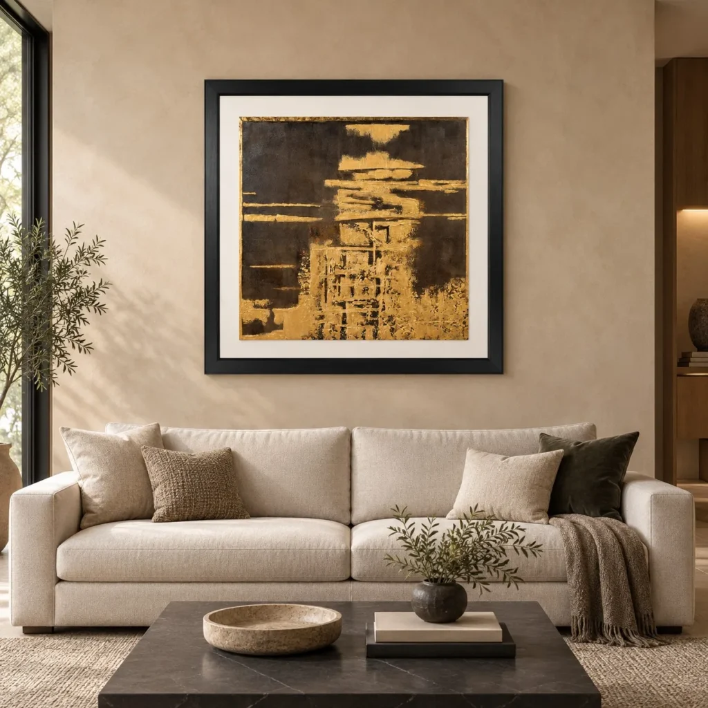 Gold Leaf City Reflection in Black Frame, 150 x 150 cm — front view