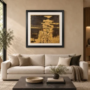 Gold Leaf City Reflection in Black Frame, 150 x 150 cm — front view