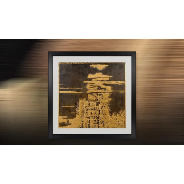 Gold Leaf City Reflection in Black Frame, 150 x 150 cm — in a room setting