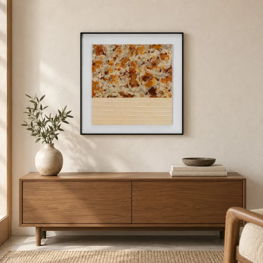 Rust Speckle with Cream Grid in Black Frame, 50 x 50 cm — front view