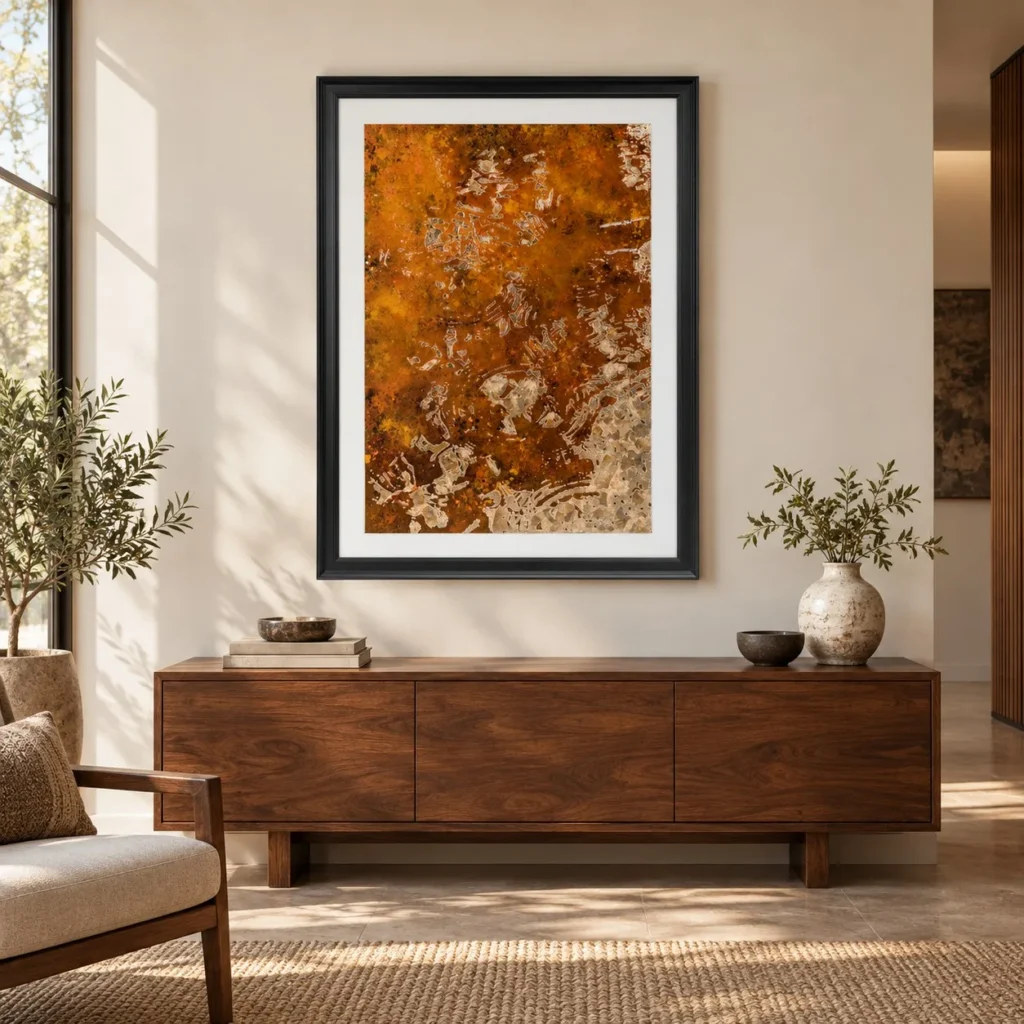 Rust and Amber Mineral Panel in Black Frame, 90 x 120 cm — front view