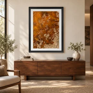Rust and Amber Mineral Panel in Black Frame, 90 x 120 cm — front view