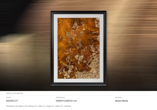 Rust and Amber Mineral Panel in Black Frame, 90 x 120 cm — dimensions
