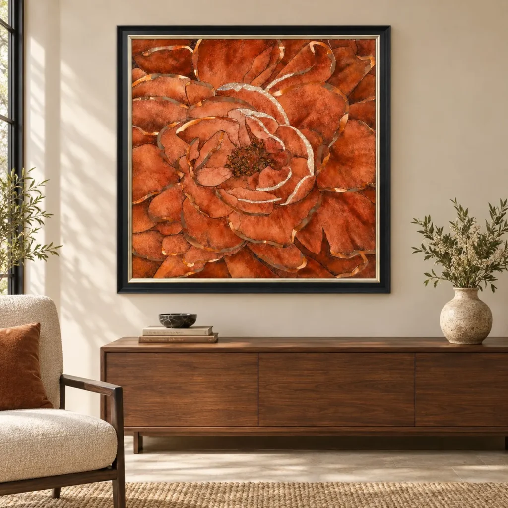 Orange Peony Relief in Black Frame, 100 x 100 cm — front view
