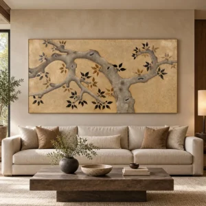 Wide Plum Branch Lacquer Panel in brushed brass — front view
