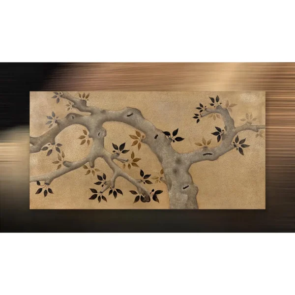 Wide Plum Branch Lacquer Panel in brushed brass — in a room setting