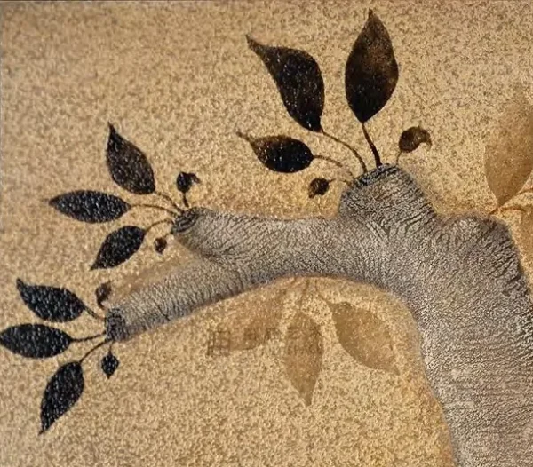 Wide Plum Branch Lacquer Panel in brushed brass — detail