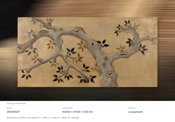 Wide Plum Branch Lacquer Panel in brushed brass — dimensions