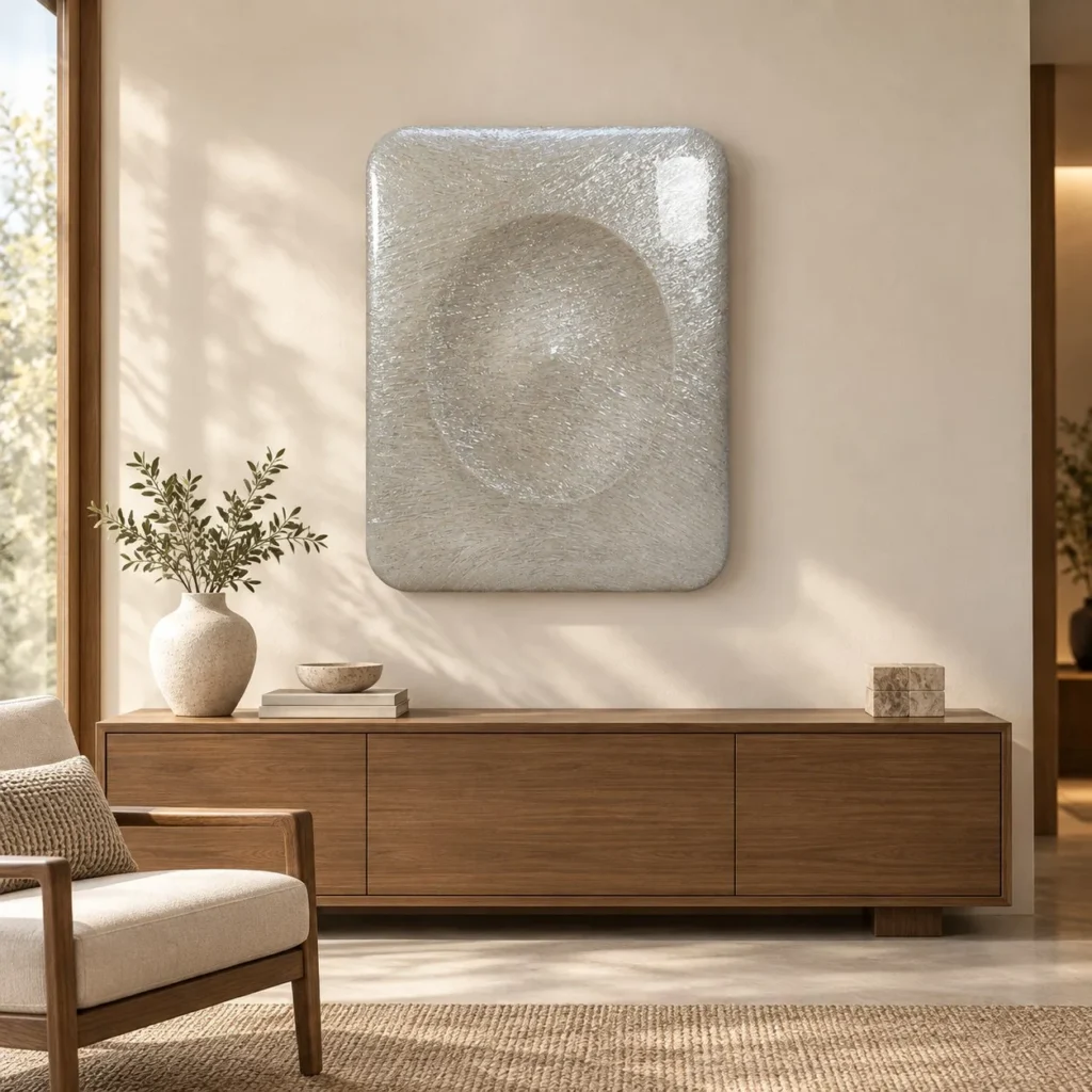 Carved Wood Rounded Panel in ivory — front view