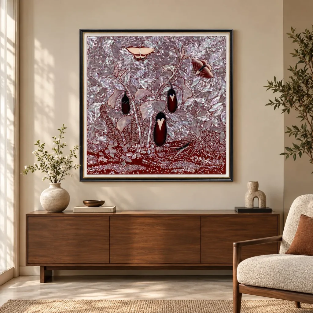 Mother of Pearl Aubergine Lacquer Panel in burgundy — front view