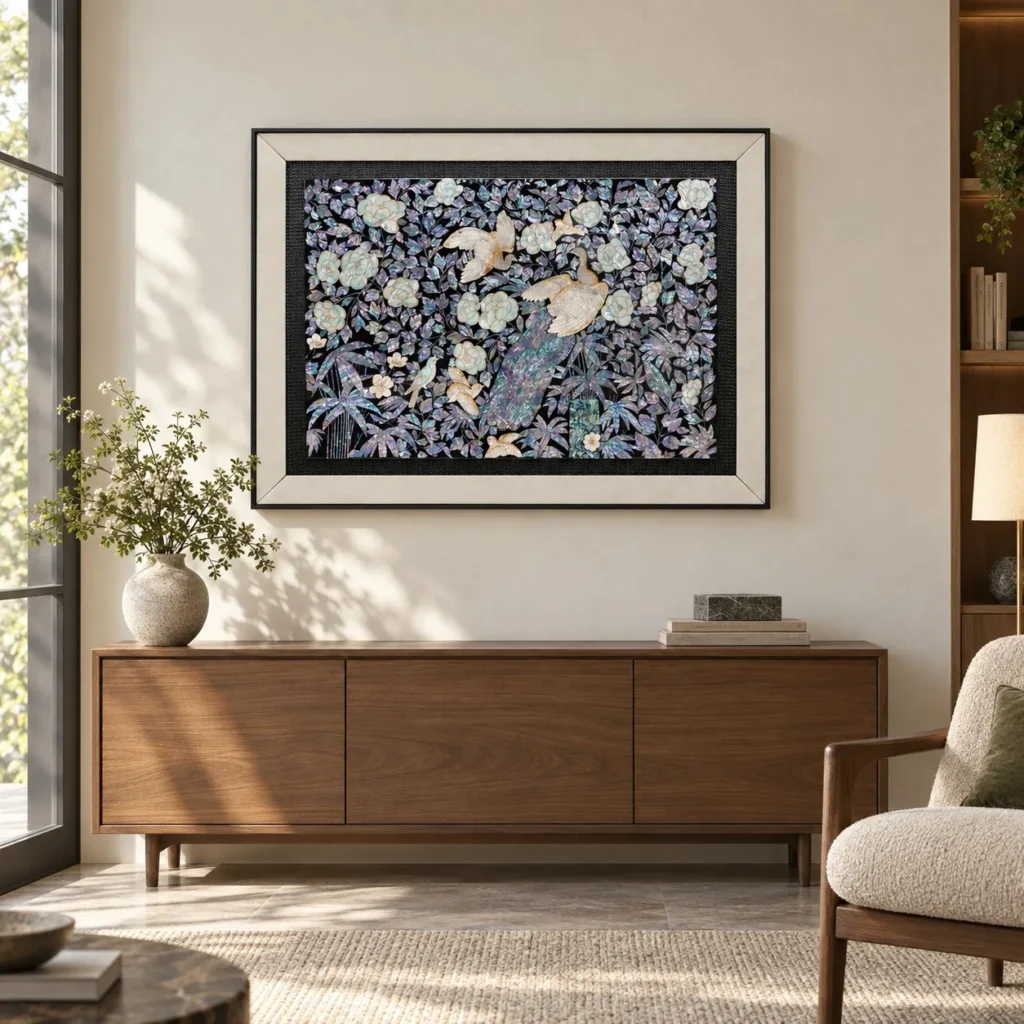 Mother of Pearl Garden Lacquer Panel in black — front view