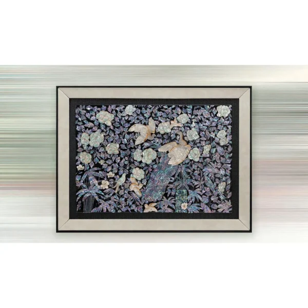 Mother of Pearl Garden Lacquer Panel in black — in a room setting
