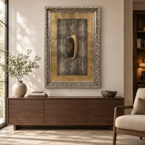 Gold Panel with Stone Fragment in Ornate Silver Frame, 80 x — front view