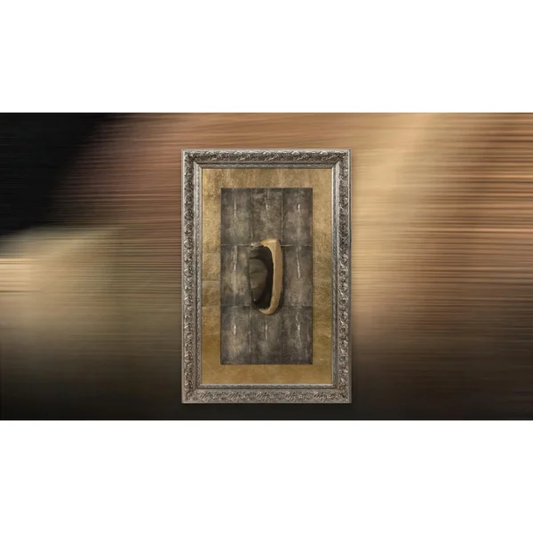 Gold Panel with Stone Fragment in Ornate Silver Frame, 80 x — in a room setting