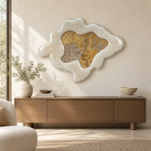 Carved Cloud Panel with Gold and Mother of Pearl, 120 x 90 in ivory — front view