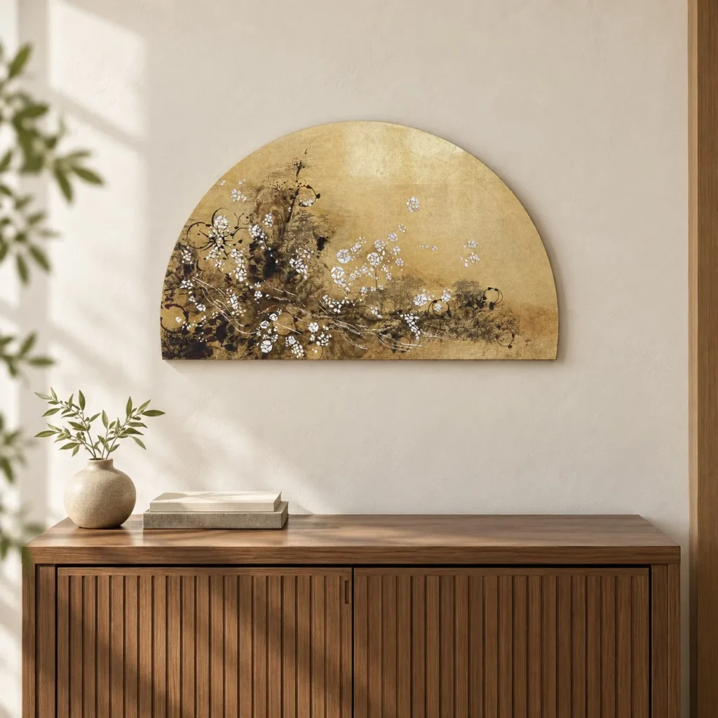 Half Moon Gold Leaf Blossom Panel, 60 x 35 cm in brushed brass — front view