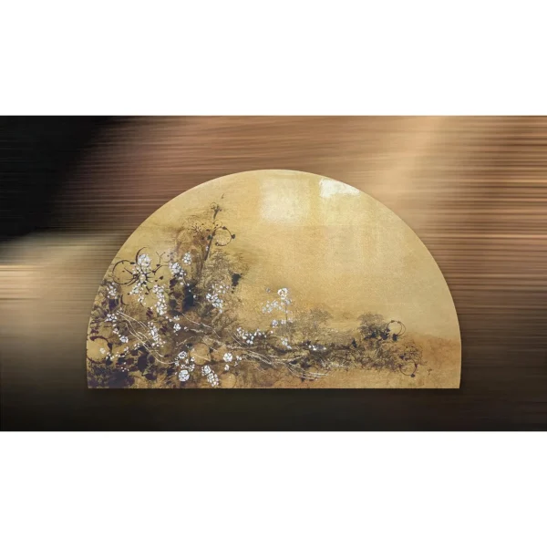 Half Moon Gold Leaf Blossom Panel, 60 x 35 cm in brushed brass — in a room setting