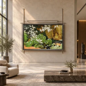 Moss Garden Relief on Brass Rods, 170 x 170 cm in olive — front view
