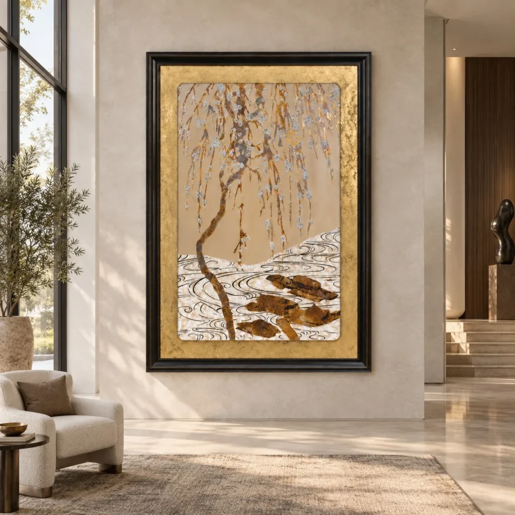 Willow and River Gold Leaf Panel in brushed brass — front view