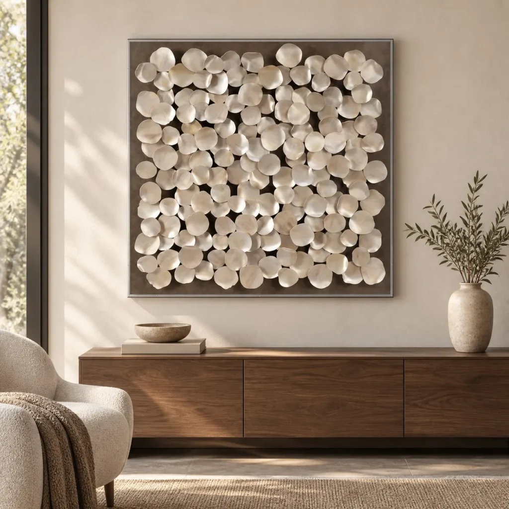 Cream Disc Cluster Relief in Slim Frame, 100 x 100 cm — front view