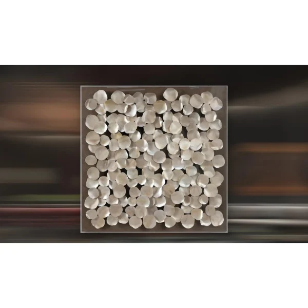Cream Disc Cluster Relief in Slim Frame, 100 x 100 cm — in a room setting