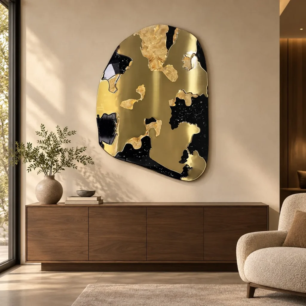 Pebble Gold and Black Lacquer Panel, 85 x 120 cm in brushed brass — front view