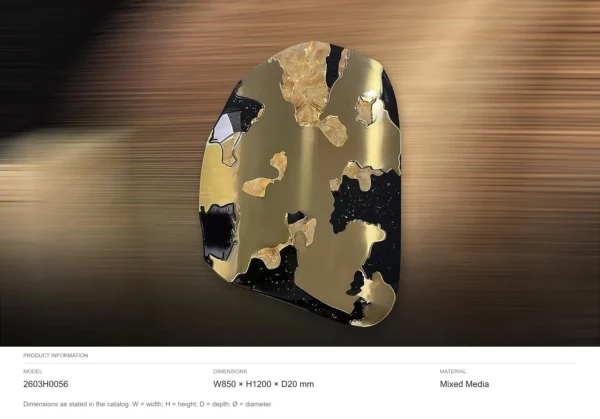 Pebble Gold and Black Lacquer Panel, 85 x 120 cm in brushed brass — dimensions
