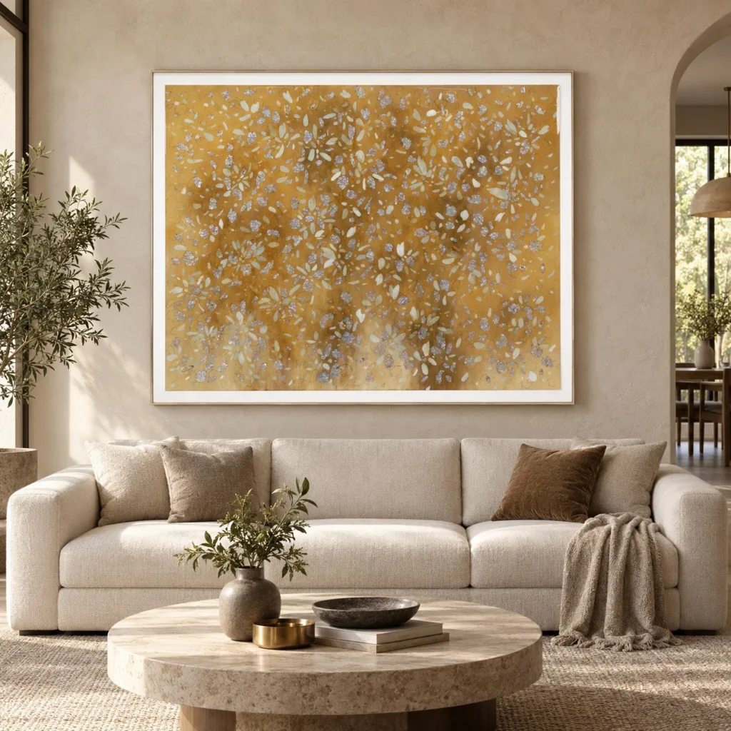 Wide Gold Leaf Blossom Panel in White Frame, 150 x 120 cm — front view