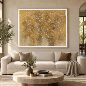Wide Gold Leaf Blossom Panel in White Frame, 150 x 120 cm — front view