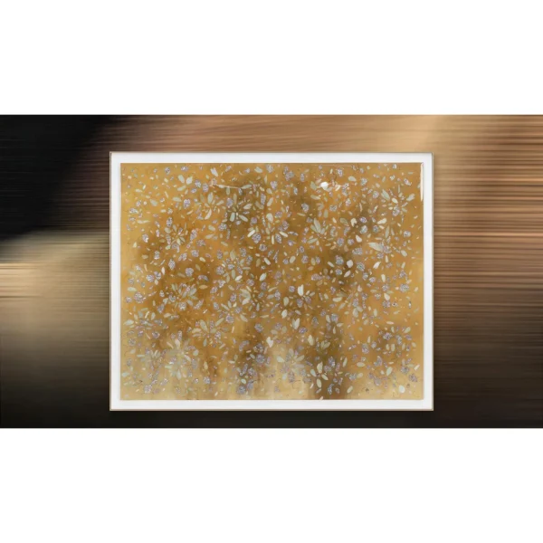 Wide Gold Leaf Blossom Panel in White Frame, 150 x 120 cm — in a room setting