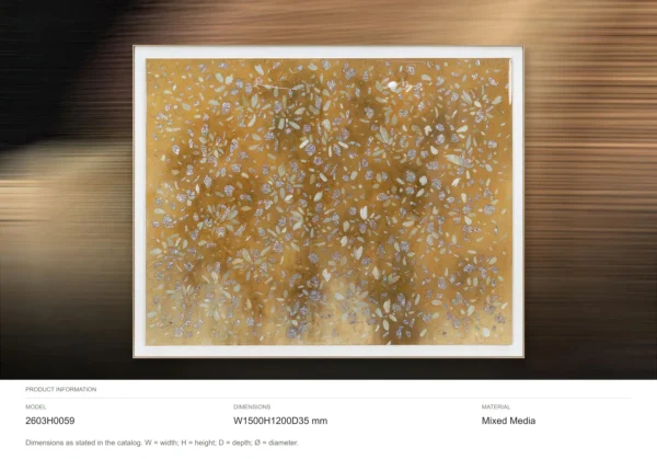 Wide Gold Leaf Blossom Panel in White Frame, 150 x 120 cm — dimensions