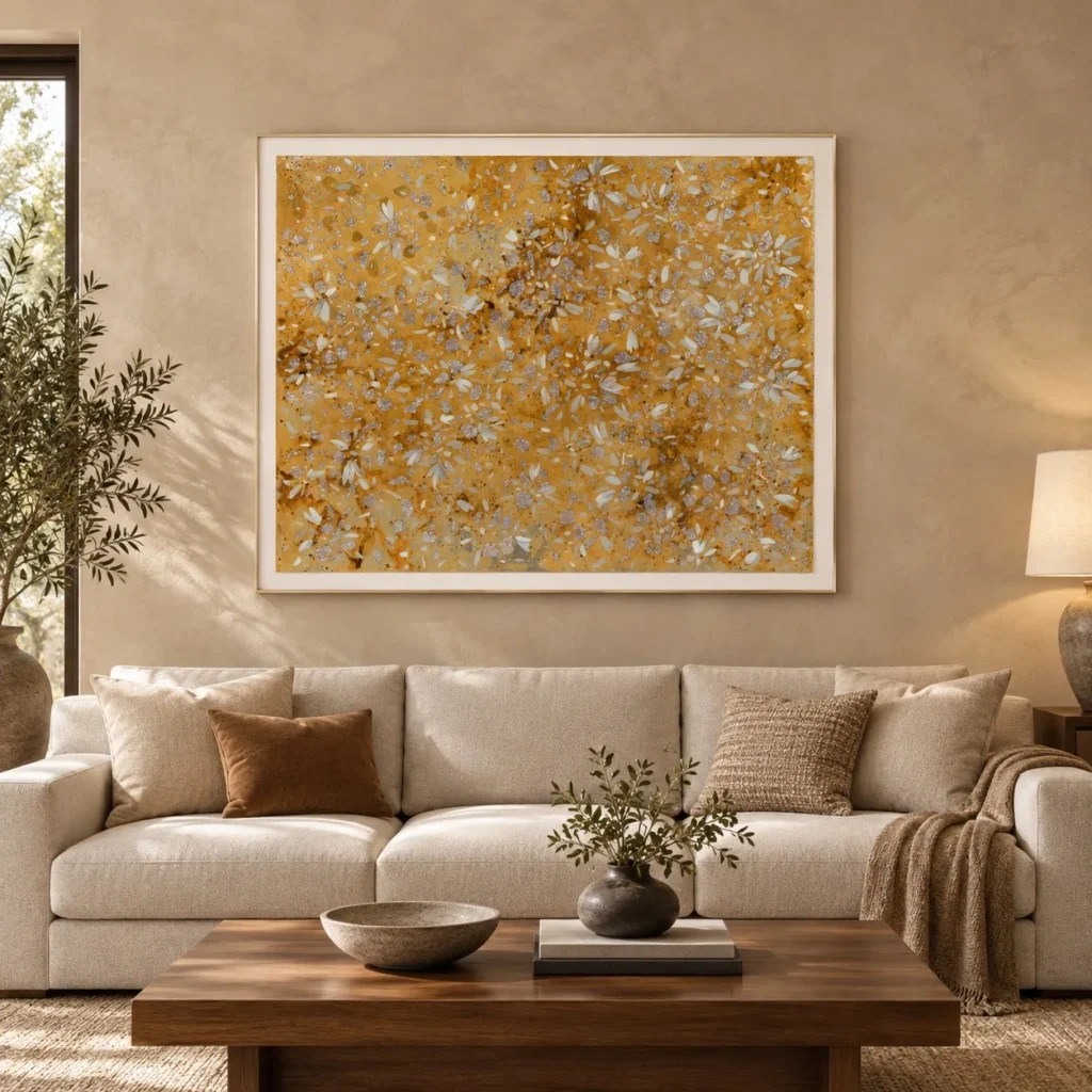 Wide Gold Leaf Blossom Panel in brushed brass — front view