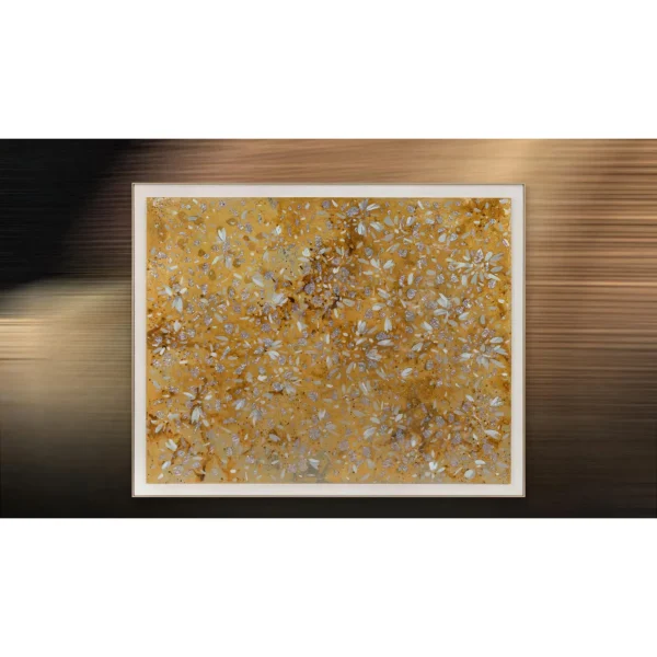 Wide Gold Leaf Blossom Panel in brushed brass — in a room setting