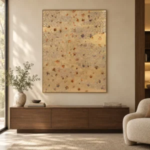 Tall Cream Ripple Panel with Scattered Blooms, 120 x 150 cm in oatmeal — front view