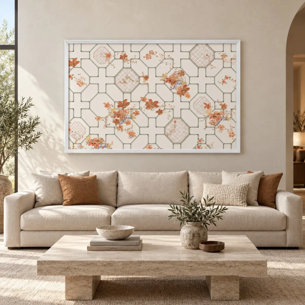 Wide Lattice and Maple Leaf Panel in oatmeal — front view