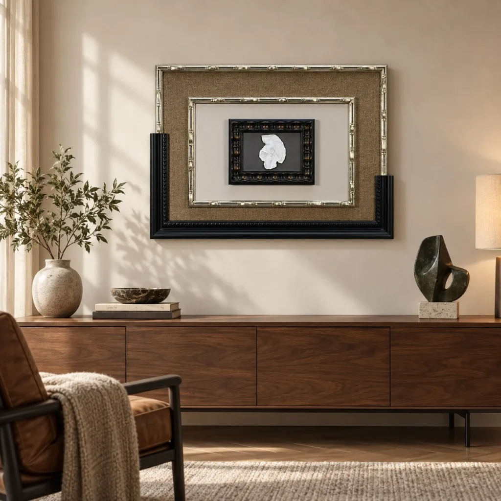 Small Silver Motif in Layered Black and Silver Frame, 70 x — front view