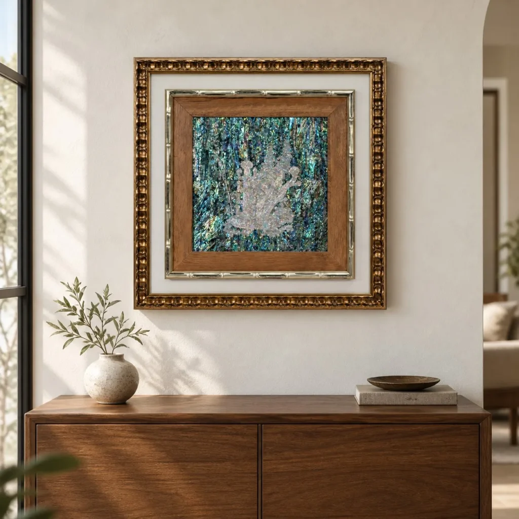 Mother of Pearl Bird in Wood and Gold Frame, 60 x 60 cm — front view