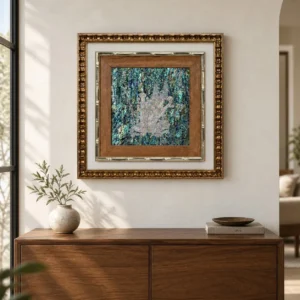 Mother of Pearl Bird in Wood and Gold Frame, 60 x 60 cm — front view