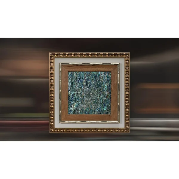 Mother of Pearl Bird in Wood and Gold Frame, 60 x 60 cm — in a room setting